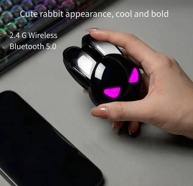 Alt view image 2 of 5 - TzBBL Cute Bunny Wireless Mouse, Silent Click, Dual-Mode (2.4G + Bluetooth 5.0), Rechargeable LED Light Mouse, Ergonomic Portable Cordless Mouse for Laptop, PC, Mac, iPad, Office & Home, Black