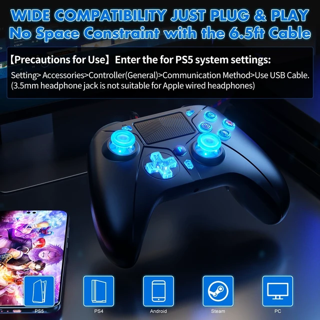 Alt view image 2 of 4 - Compatible with PS5 Controller, Wired Controller for PlayStation 5/PS4/PC, Gaming Controllers, Gamepad with Dual Vibration 6-axis Gyroscope Support Turbo Macro Multi Touch Pad 3.5mm Audio Jack