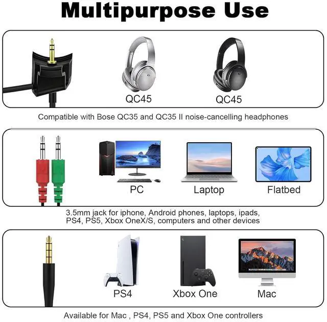 Alt view image 2 of 5 - QC45 Boom Microphone Cable, Detachable QC45 Boom Mic Cable 2.5mm to 3.5mm with Inline Mute Switch, Only Compatible with Bose Quiet Comfort 45 Headphone for PC, Laptop, Xbox One, PS4, PS5 Controller