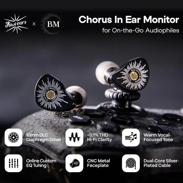 Alt view image 2 of 5 - HIFIXAUDIO Kiwi Ears x B_Media Chorus in Ear Monitor, DLC Diaphragm Dynamic Driver IEM, with CNC Metal Faceplate, Wired Earbuds with Dual Silver-Plated Cable for Musicians (1, Black, 3.5mm with Mic)