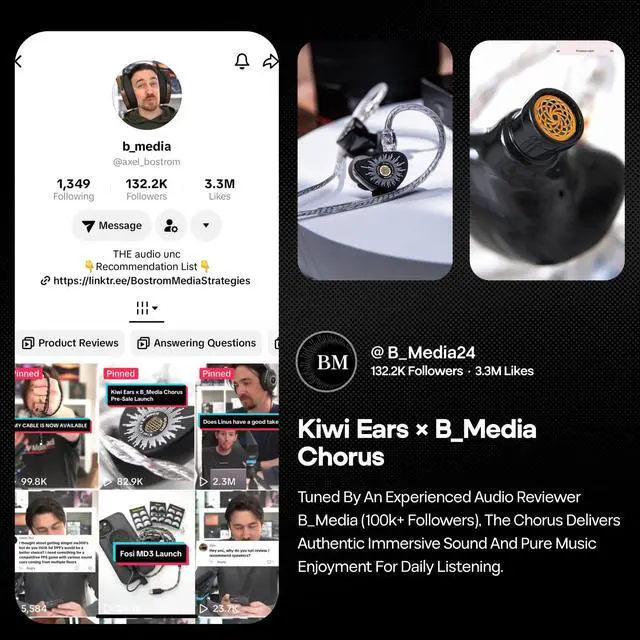 Alt view image 3 of 5 - HIFIXAUDIO Kiwi Ears x B_Media Chorus in Ear Monitor, DLC Diaphragm Dynamic Driver IEM, with CNC Metal Faceplate, Wired Earbuds with Dual Silver-Plated Cable for Musicians (1, Black, 3.5mm with Mic)