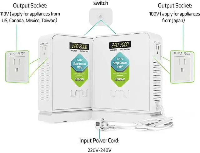 Alt view image 3 of 5 - UMI 2000W Step Down Voltage 220v to 110v Converter, Heavy Duty Power Converter, Power Transformer with Auto Mode for Large Capacity Equipment, Step Down 220v to 110v - US to Europe Voltage Converter