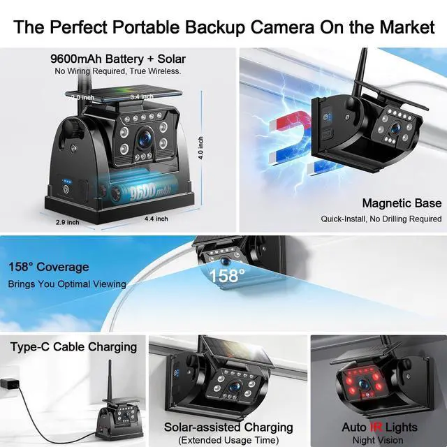 Alt view image 5 of 5 - Fookoo Magnetic Solar Wireless Backup Camera System, Portable 7" DVR Monitor with BSD 1 Min Install HD 1080P Rear View Camera Night Vision Rechargeable for SUV Truck Pickup RV Camper Tractor DT