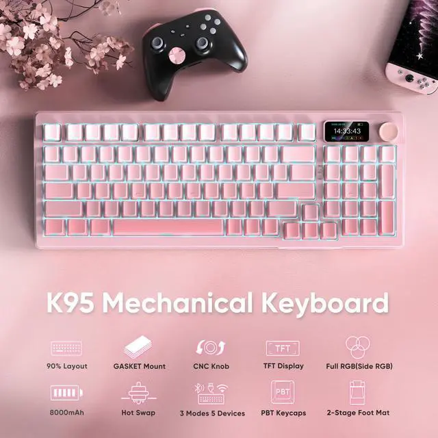 Alt view image 2 of 5 - RedThunder K95 Wireless Mechanical Keyboard, TFT Screen & Knob, Triple-Mode, Custom Gasket Mount Hot-Swap, Pre-lubed Linear Pink Switches, RGB Backlit, Side-Printed PBT Keycaps, Gradient Sakura