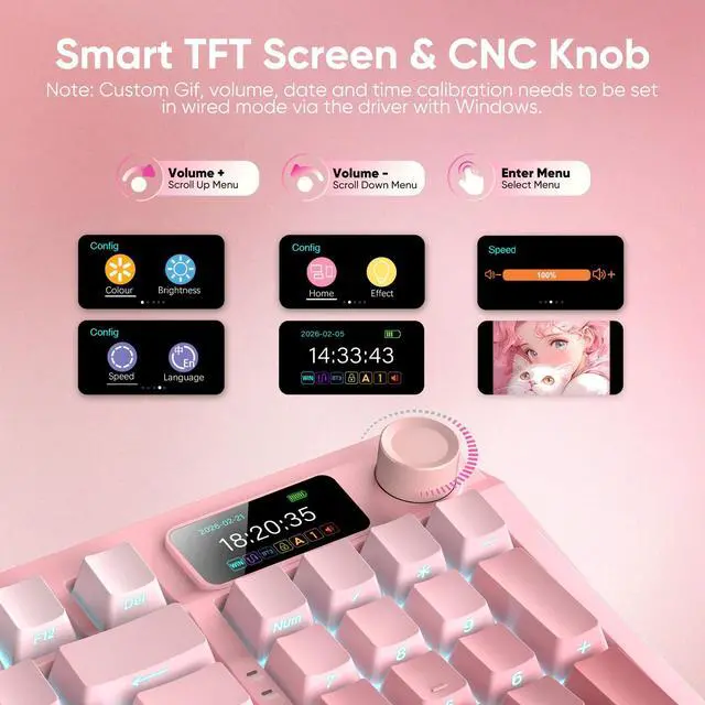 Alt view image 3 of 5 - RedThunder K95 Wireless Mechanical Keyboard, TFT Screen & Knob, Triple-Mode, Custom Gasket Mount Hot-Swap, Pre-lubed Linear Pink Switches, RGB Backlit, Side-Printed PBT Keycaps, Gradient Sakura