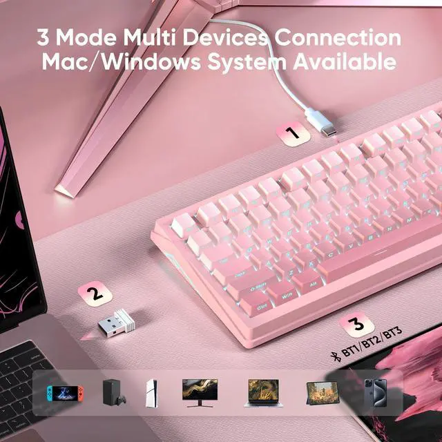 Alt view image 4 of 5 - RedThunder K95 Wireless Mechanical Keyboard, TFT Screen & Knob, Triple-Mode, Custom Gasket Mount Hot-Swap, Pre-lubed Linear Pink Switches, RGB Backlit, Side-Printed PBT Keycaps, Gradient Sakura
