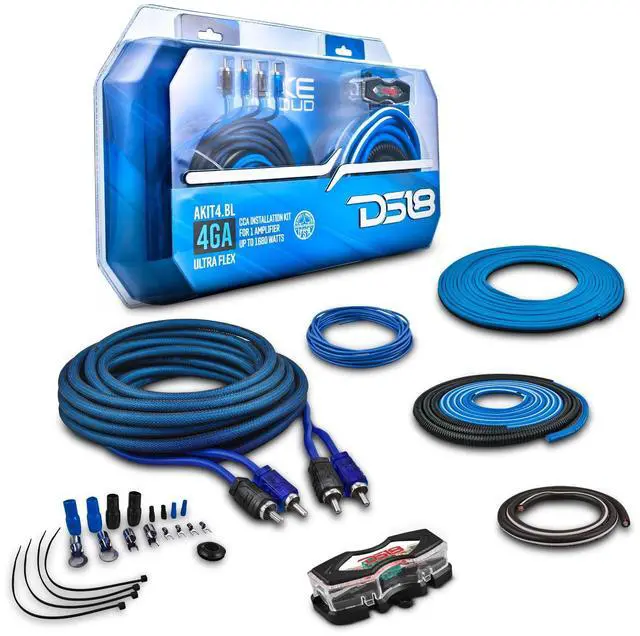 Main image of DS18 AKIT4.BL 4-GA Amplifier Installation Kit Up to 1680 Watts RMS, Mini-ANL Fuse Holder, Speaker & RCA Cables, CCA Amplifier Wiring Kit, Ultra Flex Wire, Amp Wire Kit, Amp Wiring Kit 4 Gauge - Blue