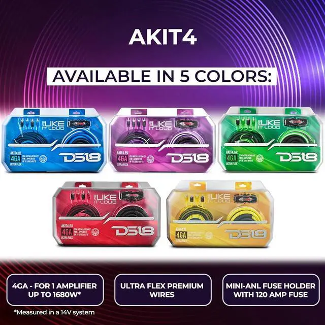 Alt view image 2 of 5 - DS18 AKIT4.BL 4-GA Amplifier Installation Kit Up to 1680 Watts RMS, Mini-ANL Fuse Holder, Speaker & RCA Cables, CCA Amplifier Wiring Kit, Ultra Flex Wire, Amp Wire Kit, Amp Wiring Kit 4 Gauge - Blue