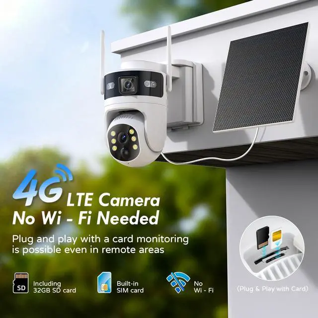 Alt view image 4 of 5 - Voxblend 4G LTE Cellular Solar Security Camera Wireless Outdoor: Dual-Lens Camara, Pan and Tilt, 360 Live View, with SIM Card and 32GB SD Card, No WiFi, 2K Color Night Vision, 2 Way Talk, PIR M