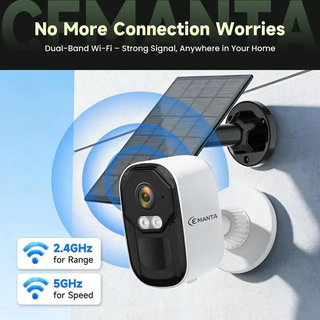Alt view image 3 of 5 - CEMANTA 2K Security Camera Wireless Outdoor, Solar Powered WiFi Cameras for Home Security, Free Cloud Storage, 2.4G/5Ghz WiFi, Color Night Vision, Weatherproof, 2-Way Audio, Compatible with Ale