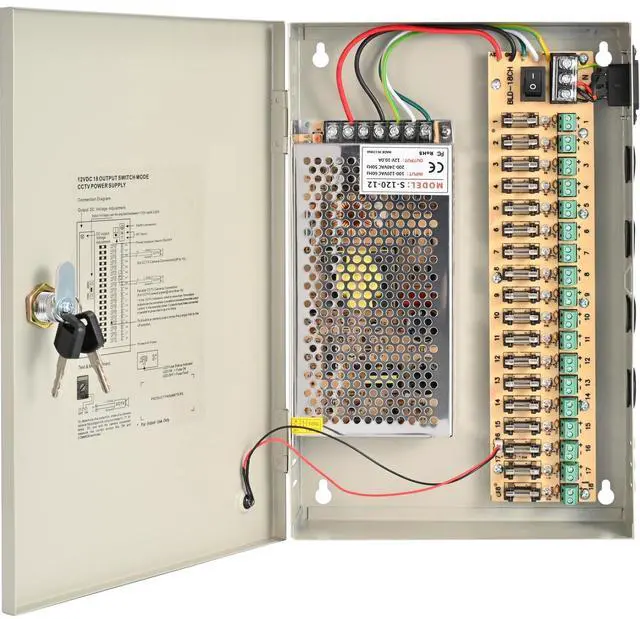 Alt view image 5 of 5 - 18-Channel 12V DC 10A CCTV Power Distribution Box, AC110V to DC12V Security Camera Power Supply with AC Plug and Locking Metal Cabinet for DVR/NVR Systems (18-Channel/10A)
