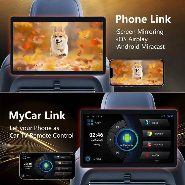 Alt view image 4 of 5 - Ichuangxin 10.1" Car TV Headrest Monitor for Back Seat, 4K Android Tablet Portable Rear Entertainment System, Support Phone Wireless MirrorLink, with WiFi/HDMI/USB/Video Player, 2G+32G (1*PCS)