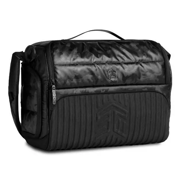 Alt view image 3 of 5 - STM Dux 16L Premium Tech Messenger Bag - Carry On Travel Laptop Bag (Fits 15" Laptops) - Dual Format, Water Resistant & Luggage Passthrough - Black Camo (stm-112-377P-04)