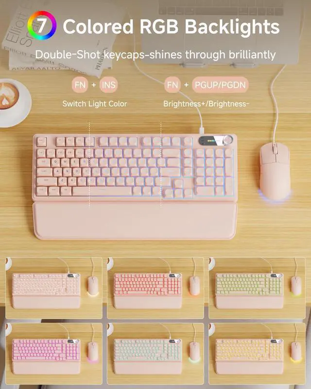 Alt view image 2 of 5 - EWEADN Wired Keyboard and Mouse Combo with Detachable Wrist Rest, Quiet Ergonomic Keyboard Mouse Set with Multimedia Knob, RGB Backlit, Double-Shot Keycaps Natural Typing for Laptop, PC - Peach