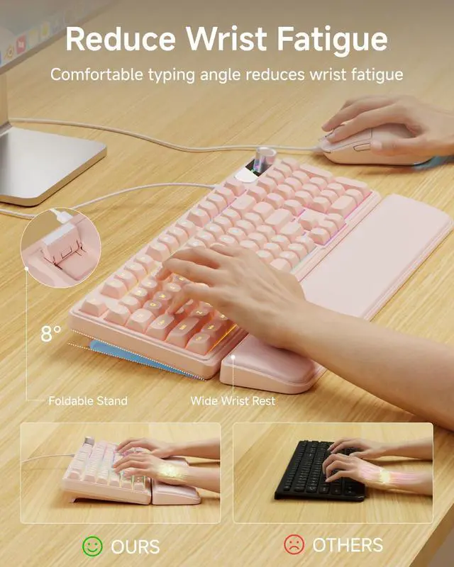 Alt view image 3 of 5 - EWEADN Wired Keyboard and Mouse Combo with Detachable Wrist Rest, Quiet Ergonomic Keyboard Mouse Set with Multimedia Knob, RGB Backlit, Double-Shot Keycaps Natural Typing for Laptop, PC - Peach