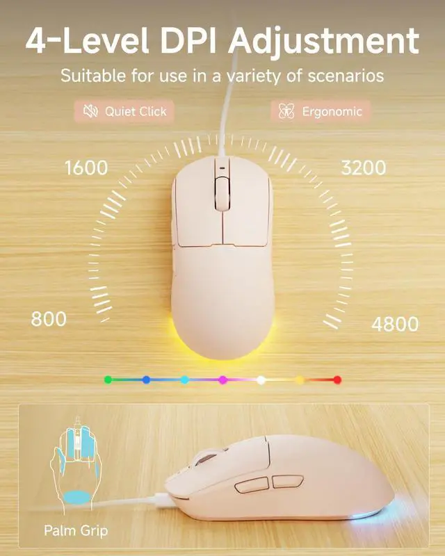 Alt view image 5 of 5 - EWEADN Wired Keyboard and Mouse Combo with Detachable Wrist Rest, Quiet Ergonomic Keyboard Mouse Set with Multimedia Knob, RGB Backlit, Double-Shot Keycaps Natural Typing for Laptop, PC - Peach