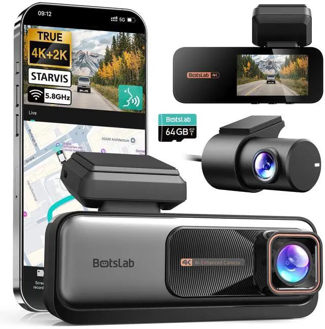 Main image of BOTSLAB 4K+2K Dual Dash Cam Front and Rear, Dashcam with Voice Control, STARVIS, ADAS Driver Alerts, Starry Night Vision, 24/7 Parking Monitor, 5.8GHz WiFi & GPS, Free 64GB Card, Loop Recording