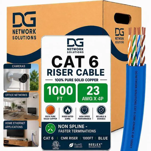 Main image of DG Cat6 Riser (CMR), 1000ft, Unshielded, 23AWG, Solid Bare Copper, Up to 10Gb Speeds, No Spline, Faster-Easier Terminations, 550MHz, ETL Listed, Indoor/Home/Commercial Use, Bulk Ethernet Cable, Blue