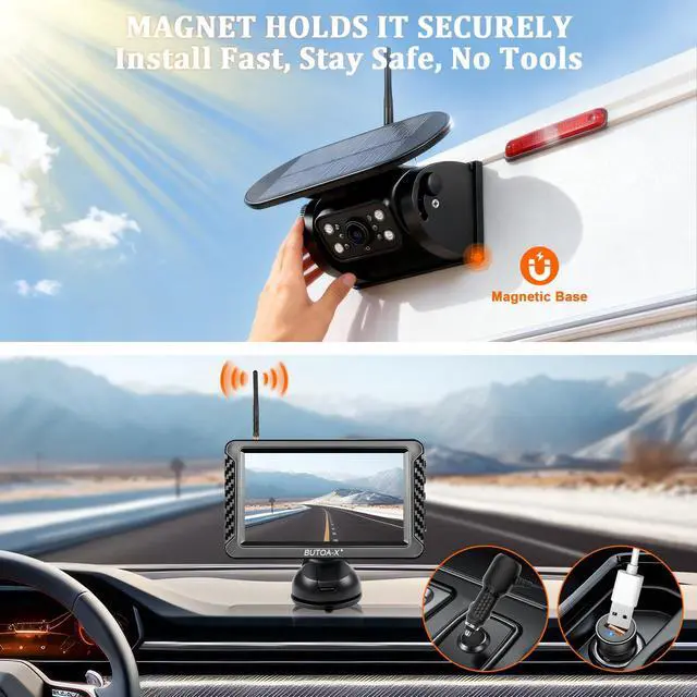 Alt view image 2 of 5 - BUTOA-X X5 Magnetic Solar Wireless Backup Camera with 5" HD Monitor, 1-Min Zero-Install for RV Truck Trailer, 320ft Signal Range, 15000mAh Battery & 5W Solar Panel Back Up Camera