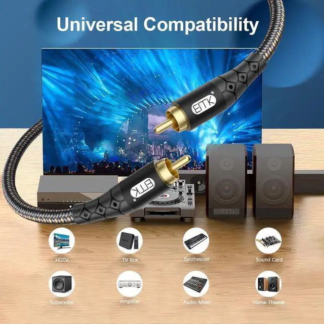 Alt view image 2 of 5 - EMK RCA to RCA Subwoofer Cable 24K Gold-Plated Connector Nylon Braided Double Shielded Audio Cable Digital&Analog Signal Support for Amplifiers Subwoofer Home Theater Hi-Fi Systems Black/25ft/8m