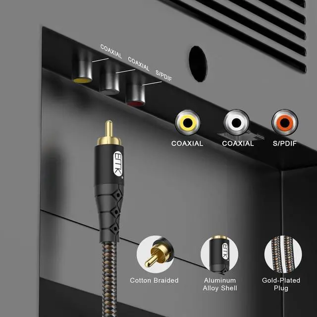 Alt view image 3 of 5 - EMK RCA to RCA Subwoofer Cable 24K Gold-Plated Connector Nylon Braided Double Shielded Audio Cable Digital&Analog Signal Support for Amplifiers Subwoofer Home Theater Hi-Fi Systems Black/25ft/8m