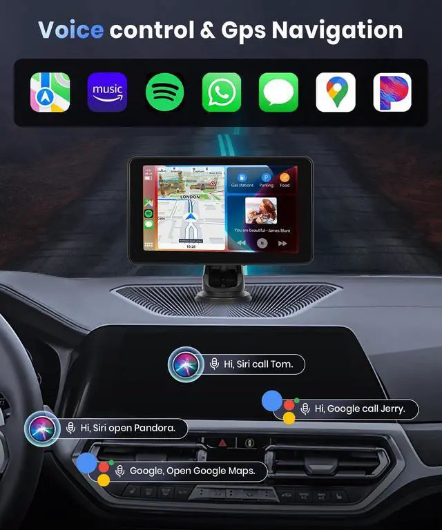Alt view image 2 of 5 - Podofo Wireless Carplay Screen for Car,7inch 1080P HD IPS Touch Screen Portable Car Radio Audio Receivers, Wireless Android Auto Screen 2 Mount/2 Bluetooth/MirrorLink/GPS/Voice Control/A