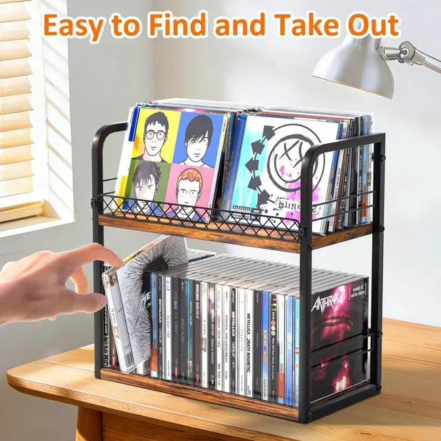 Alt view image 2 of 5 - Alyoen 2-Tier CD Holder, CD Storage Rack, CD Organizer with Display Top Shelf, CD Case Holder for Home Office, Holds Up to 60 Standard, Ideal for Music Enthusiasts