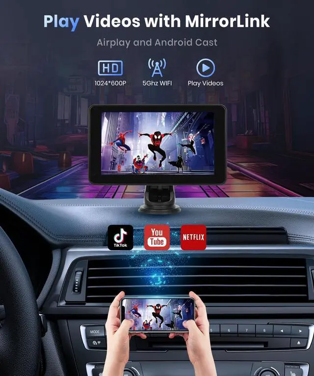 Alt view image 4 of 5 - Podofo Wireless Carplay Screen for Car,7inch 1080P HD IPS Touch Screen Portable Car Radio Audio Receivers, Wireless Android Auto Screen 2 Mount/2 Bluetooth/MirrorLink/GPS/Voice Control/A