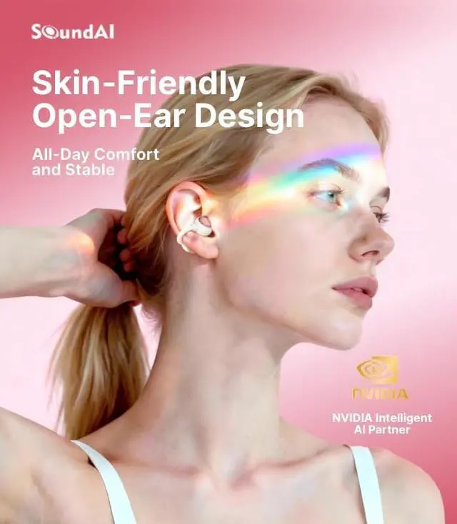 Alt view image 2 of 5 - SoundAI FairyClip A2 Open-Ear Earbuds, Clip On AI Translation Headphones, Wireless Adaptive Comfort Bluetooth 5.4 Waterproof 28H Earphone Makeup Mirror for Sports & Workouts Women Gifts, Dawn P