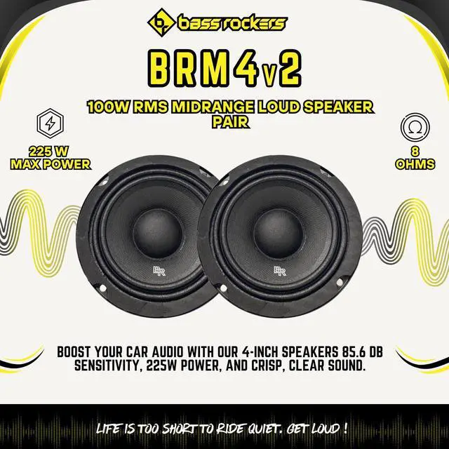 Alt view image 5 of 5 - Bass Rockers BRM4v2 4 Inch Metal Basket 100 RMS Mid-Range Coaxial Circle Speakers, Car Audio 8 Ohms, 225 W Max Pair