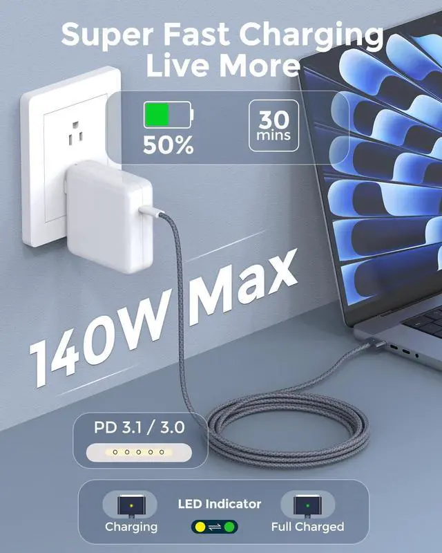 Alt view image 5 of 5 - USB C to Magnetic 3 Charger Cable for MacBook Air 13.6 15 inch MacBook Pro 14 16 M5 M4 M3 M2 M1 2026 2025 2024 2023 2022 2021, Braided Cord & LED, Powerful Magnetic, Original Quality, 10ft Midnight