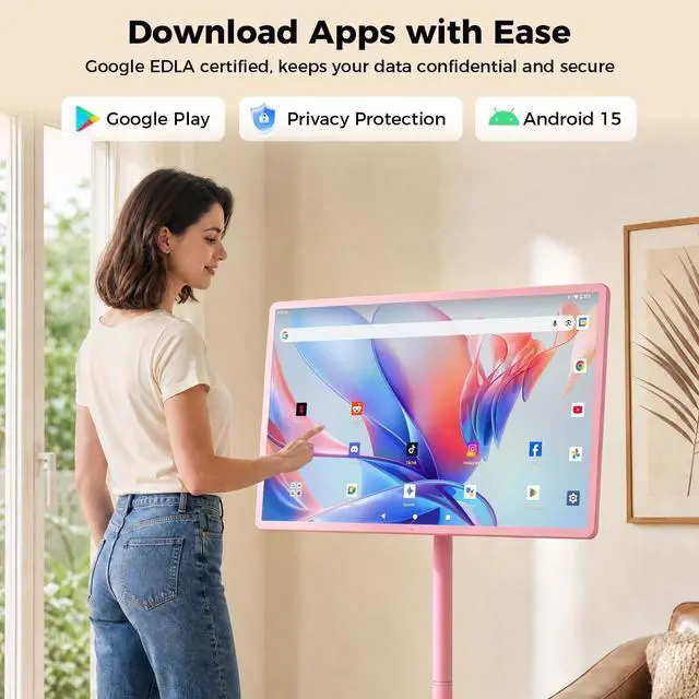Alt view image 3 of 5 - 32" Portable Smart TV with Android 15, 1080P Touch Screen Monitor on Wheels, EDLA-Certified, 8GB+128GB Storage, 5MP Camera, 10H Playing Time, Rotatable Display, Wireless Casting, Voice Remote C