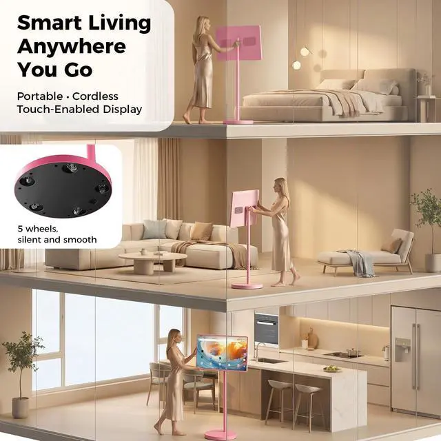 Alt view image 4 of 5 - 32" Portable Smart TV with Android 15, 1080P Touch Screen Monitor on Wheels, EDLA-Certified, 8GB+128GB Storage, 5MP Camera, 10H Playing Time, Rotatable Display, Wireless Casting, Voice Remote C