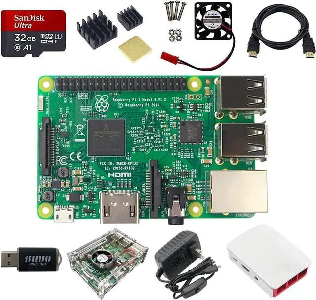 Main image of DIGISHUO 9 in 1 Complete Starter Kit Raspberry Pi 3 Model B Module&Two Cases&HDMI Cable&32G SD Card&Heatsink Kit&P Fan