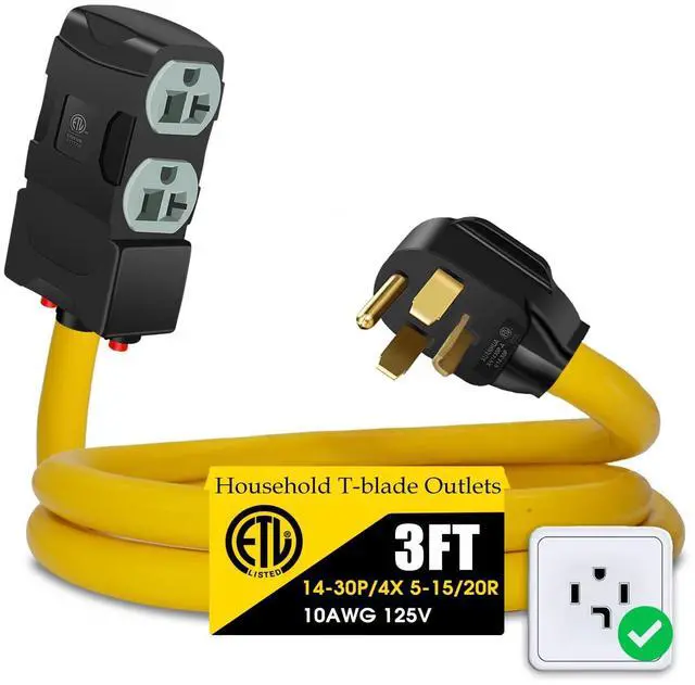 Main image of 30Amp to 20Amp 110V Adapter, Compatible with NEMA 14-30P to 4X 5-20R/15R with 20 Amp Circuit Breaker, 240V to 120V Dryer Power Distribution Adapter (3 FT)