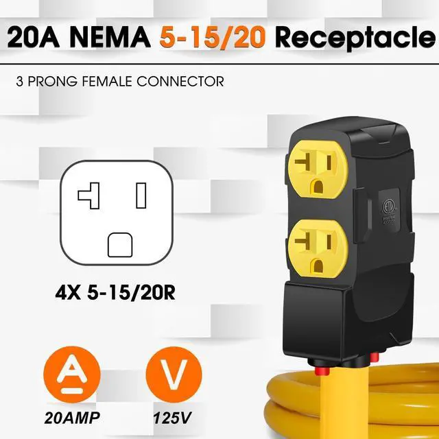 Alt view image 3 of 5 - 30Amp to 20Amp 110V Adapter, Compatible with NEMA 14-30P to 4X 5-20R/15R with 20 Amp Circuit Breaker, 240V to 120V Dryer Power Distribution Adapter (3 FT)