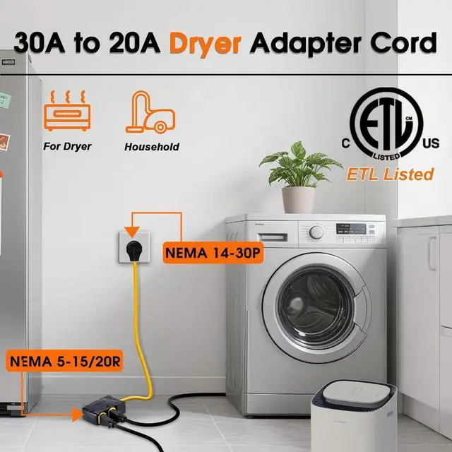 Alt view image 4 of 5 - 30Amp to 20Amp 110V Adapter, Compatible with NEMA 14-30P to 4X 5-20R/15R with 20 Amp Circuit Breaker, 240V to 120V Dryer Power Distribution Adapter (3 FT)