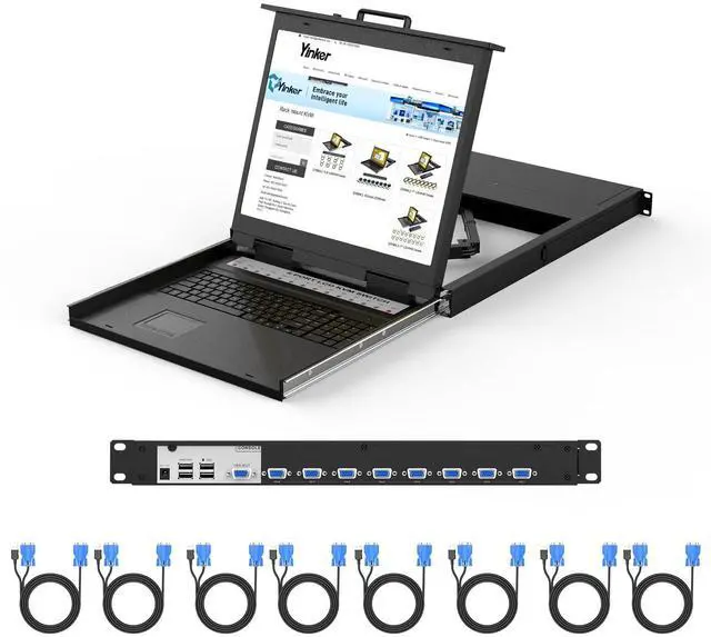 Main image of Yinker Rack Mount KVM w/19 LCD Monitor, 8 Port VGA LCD KVM Switch 1280x1024@60Hz for 1U 19" Rack Supports OSD Menu/Hotkey, with 8 KVM Cables + Keyboard + Touchpad