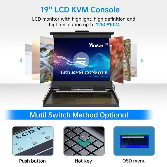Alt view image 3 of 5 - Yinker Rack Mount KVM w/19 LCD Monitor, 8 Port VGA LCD KVM Switch 1280x1024@60Hz for 1U 19" Rack Supports OSD Menu/Hotkey, with 8 KVM Cables + Keyboard + Touchpad