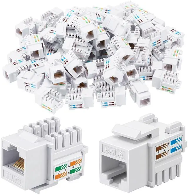 Main image of Hoteam 125 Pcs Cat6 Keystone Jacks, Rj45 Ethernet Modular Coupler Punch Down Insert, 90-Degree UTP Connector for Wall Plate, Panel and Surface Mount Box (White)
