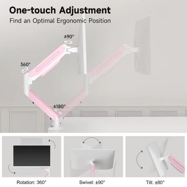 Alt view image 3 of 5 - Suptek Monitor Mount Gas Spring Monitor Arm Desk Mount Fully Adjustable Fits 17 20 22 23 24 26 27 32 35 inch Monitors Weight Capacity up to 24.25 lbs, Pink