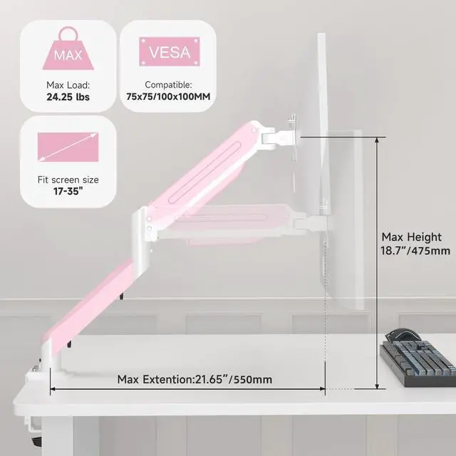 Alt view image 2 of 5 - Suptek Monitor Mount Gas Spring Monitor Arm Desk Mount Fully Adjustable Fits 17 20 22 23 24 26 27 32 35 inch Monitors Weight Capacity up to 24.25 lbs, Pink