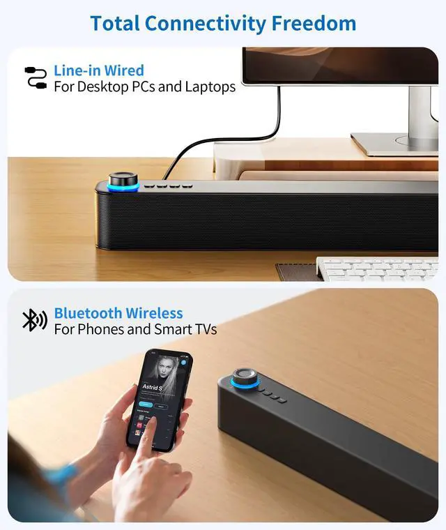 Alt view image 3 of 5 - Auphyra Desktop PC Speakers, Bluetooth Soundbar, 3600mAh Battery for 20Hrs Wireless Playback, Wired/Wireless Speaker for PCs, Phones, TVs, Laptops
