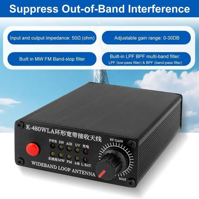 Alt view image 3 of 5 - K-480WLA Portable Active Loop Antenna 0.5MHz-500MHz 30dBi Broadband Receiving Antenna ^^ Built-in Filter ^^ LW/MW/SW/FM/VHF/HF/Air 6 Meters SDR Ham Radio Antenna with 1800mAh Battery (10m)
