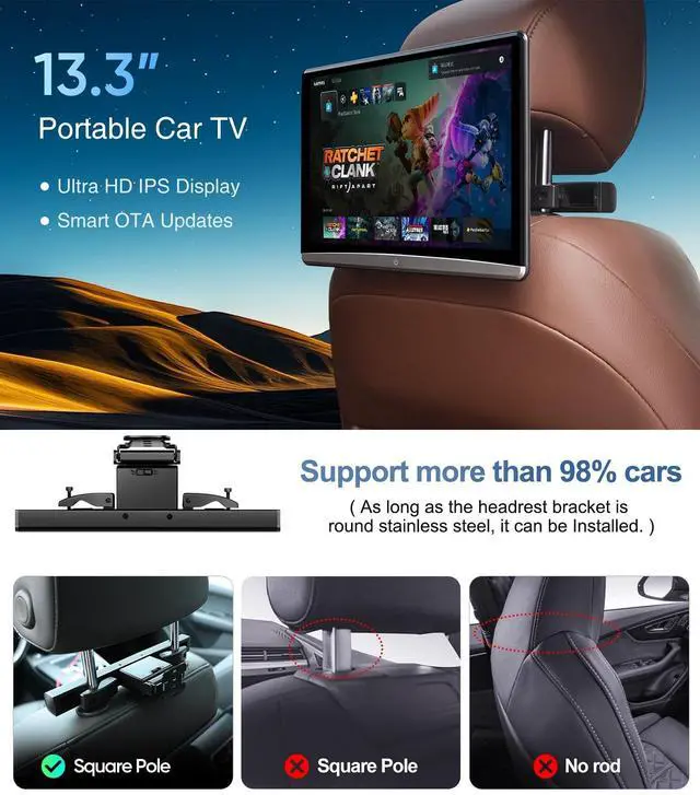 Alt view image 3 of 5 - 13.3" Android Car TV Headrest Video Player for Back Seat, Support 5G WiFi Phone Link Bluetooth Airplay USB HDMI in/Out Portable TV Monitor Touchscreen