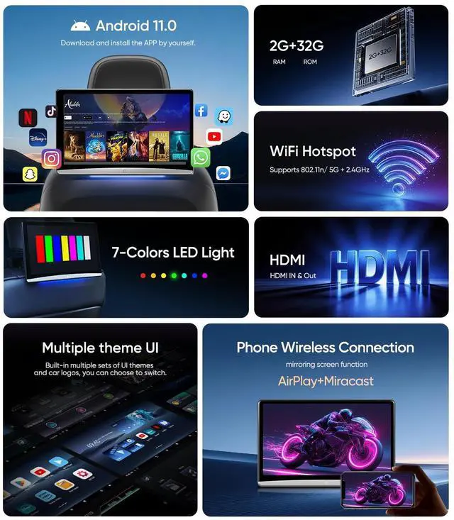Alt view image 4 of 5 - 13.3" Android Car TV Headrest Video Player for Back Seat, Support 5G WiFi Phone Link Bluetooth Airplay USB HDMI in/Out Portable TV Monitor Touchscreen