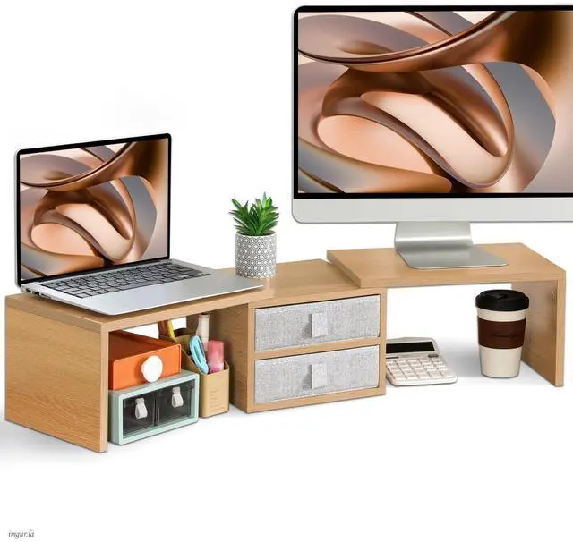 Main image of TEAMIX 42 inch Dual Monitor Stand Riser with 2 Drawers- Length and Angle Adjustable 3 Shelf Riser with Storage Desk Organizer Computer Monitor Stand for 2 Monitors/Laptop/PC,Screen/TV Stand Riser
