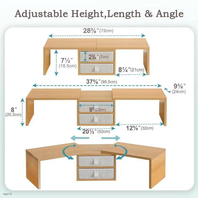 Alt view image 3 of 5 - TEAMIX 42 inch Dual Monitor Stand Riser with 2 Drawers- Length and Angle Adjustable 3 Shelf Riser with Storage Desk Organizer Computer Monitor Stand for 2 Monitors/Laptop/PC,Screen/TV Stand Riser