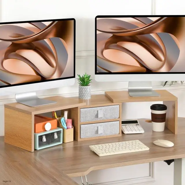 Alt view image 5 of 5 - TEAMIX 42 inch Dual Monitor Stand Riser with 2 Drawers- Length and Angle Adjustable 3 Shelf Riser with Storage Desk Organizer Computer Monitor Stand for 2 Monitors/Laptop/PC,Screen/TV Stand Riser