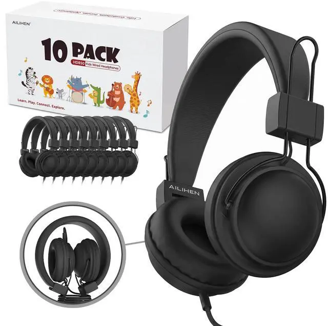 Main image of AILIHEN Kids Headphones for School, Classroom Headphones Bulk 10-Pack for K-12th Grade Students, 85dB Volume Limit, Shareable, Foldable, 3.5mm Jack for Library, Online Learning (Black)